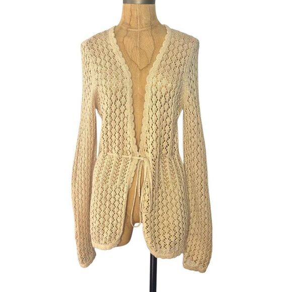 New York & Company Cream Tan Knit Cardigan Tie Waist Y2K Fairy Boho Size Large - Picture 1 of 3